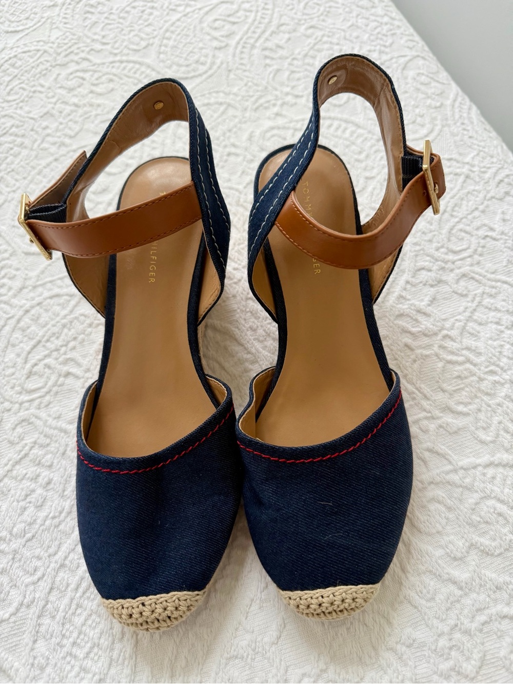 Tommy Hilfiger Navy Canvas Espadrille Wedge with Brown Ankle Strap